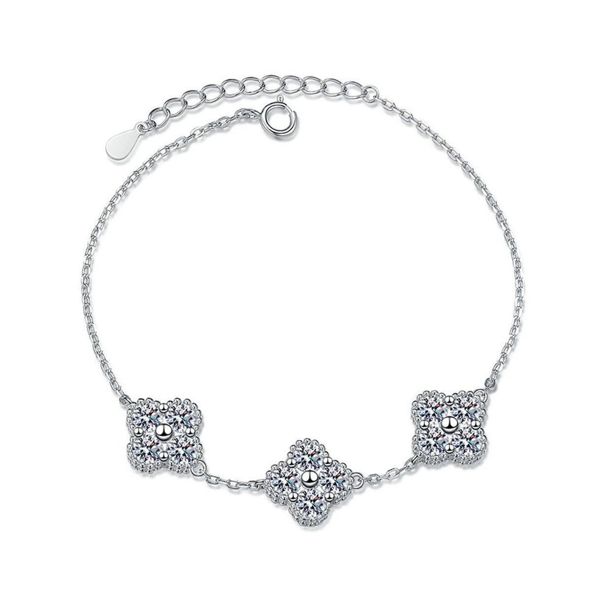 Three-Stone Cushion Moissanite Chain Bracelet white background product photo showing bracelet silhouette and moissanite setting