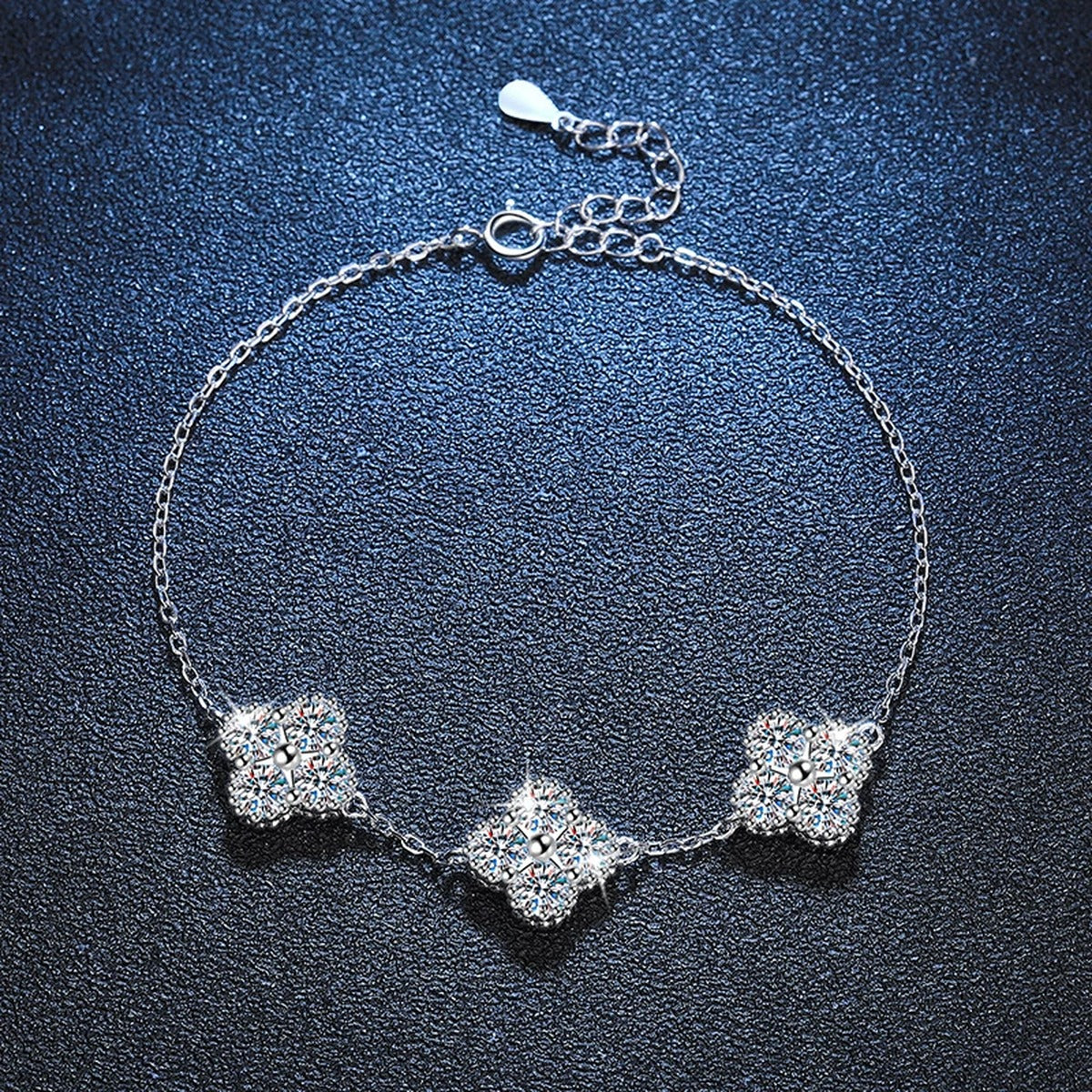 Three-Stone Cushion Moissanite Chain Bracelet close-up detail showing chain, clasp, and stone placement