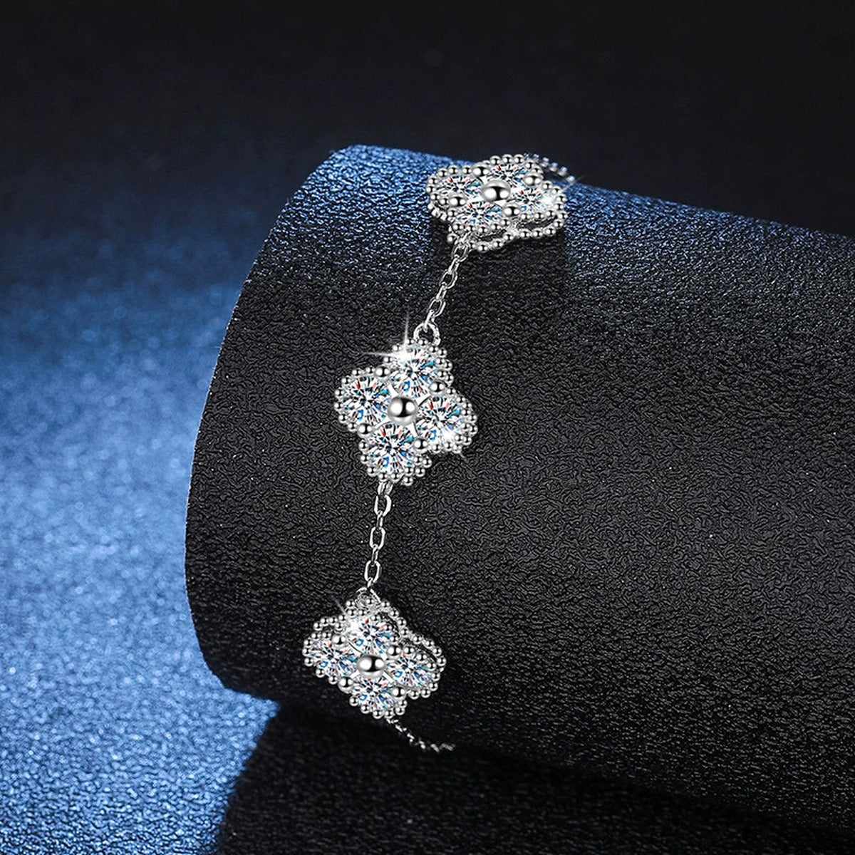 Three-Stone Cushion Moissanite Chain Bracelet close-up detail showing chain, clasp, and stone placement