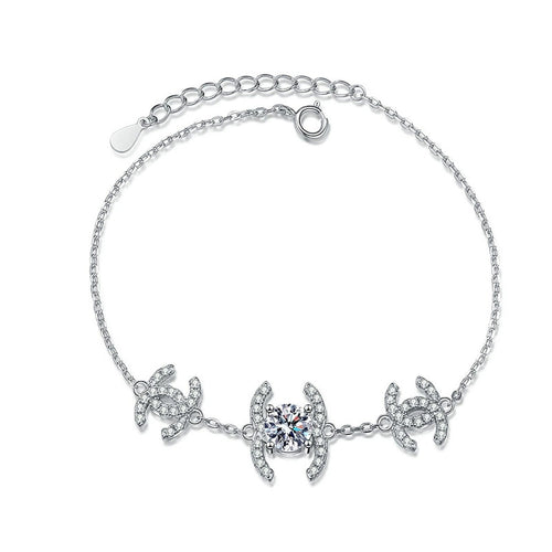 Butterfly Moissanite Chain Bracelet with CZ in White Gold-Plated S925 Sterling Silver white background product photo