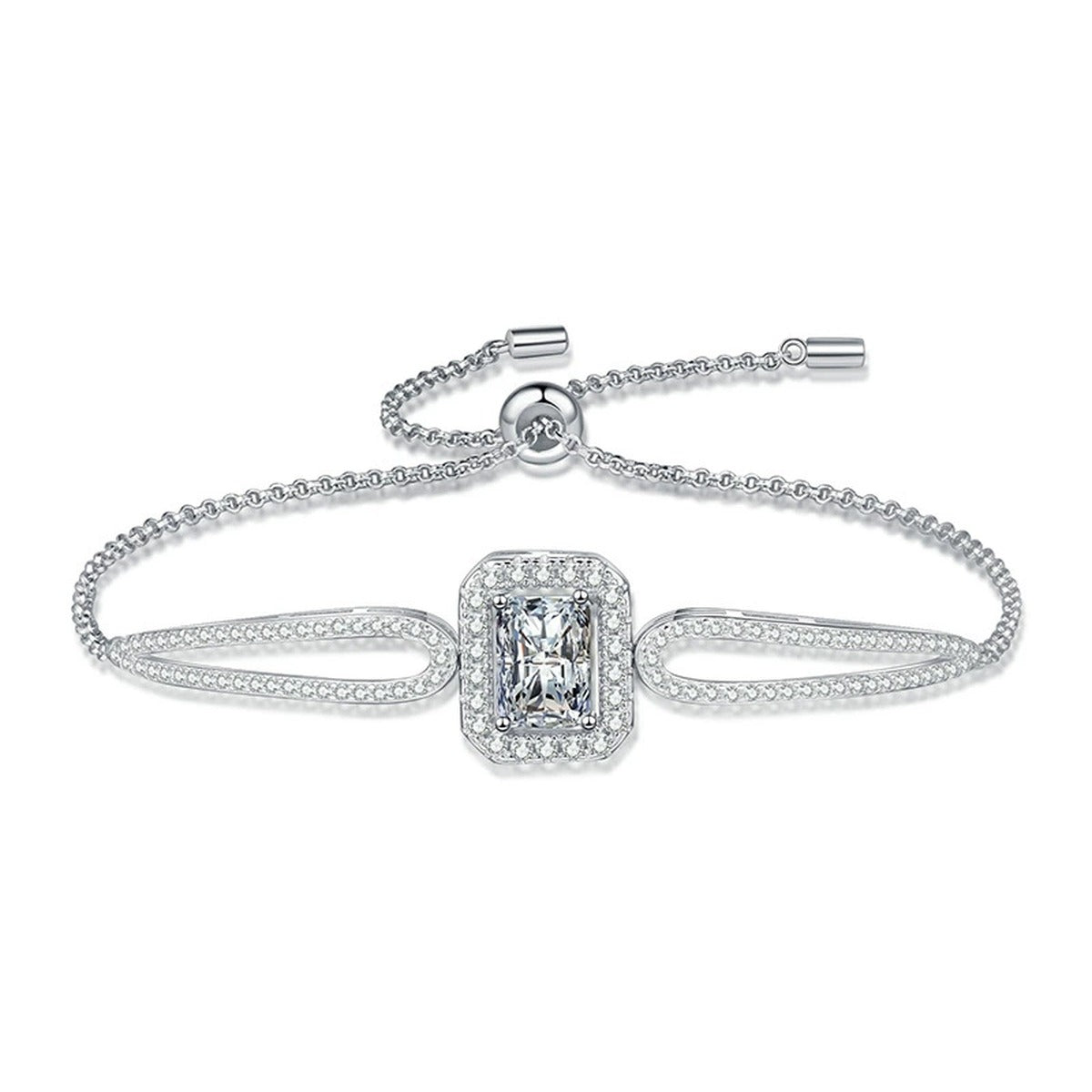 Pear Moissanite Adjustable Bangle Bracelet with CZ white background product photo showing bracelet silhouette and moissanite setting
