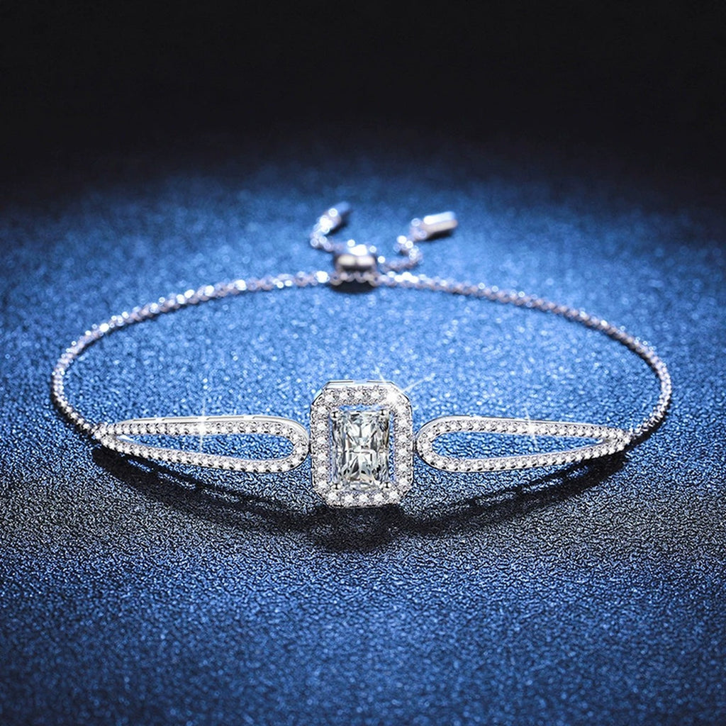 Pear Moissanite Adjustable Bangle Bracelet with CZ close-up detail showing chain, clasp, and stone placement