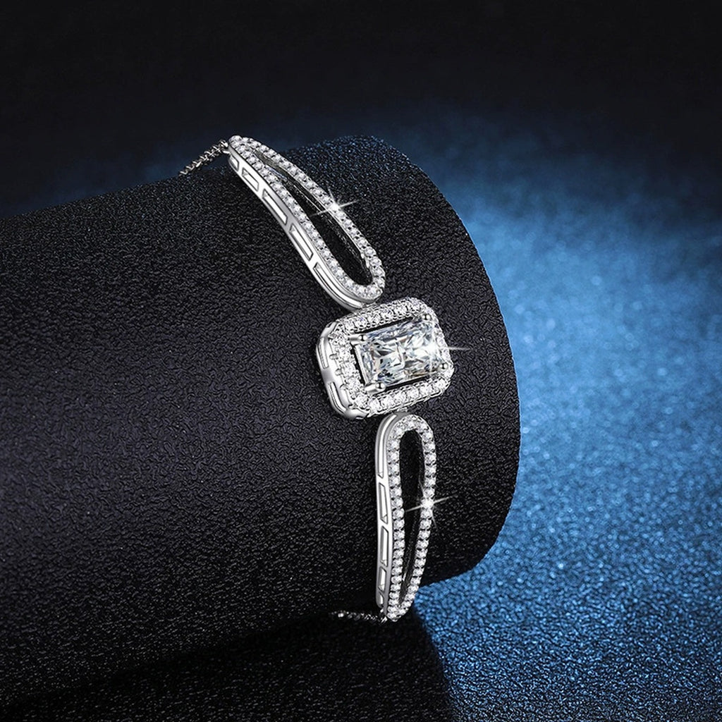 Pear Moissanite Adjustable Bangle Bracelet with CZ close-up detail showing chain, clasp, and stone placement