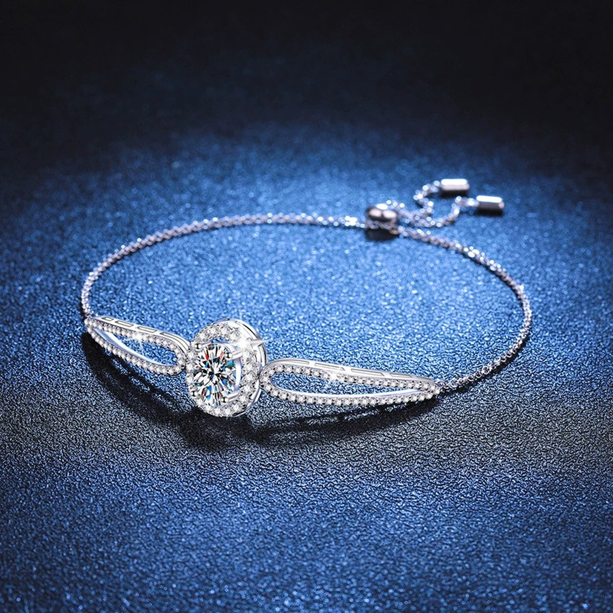 Round Moissanite Adjustable Bangle Bracelet with CZ white background product photo showing bracelet silhouette and moissanite setting
