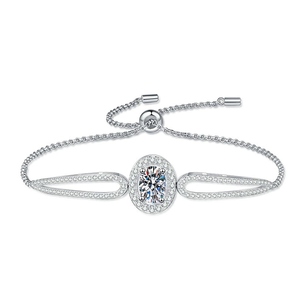 Round Moissanite Adjustable Bangle Bracelet with CZ styled on blue display background showing moissanite sparkle