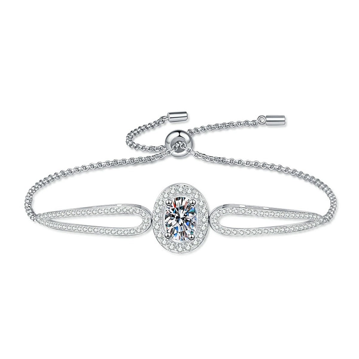 Round Moissanite Adjustable Bangle Bracelet with CZ styled on blue display background showing moissanite sparkle