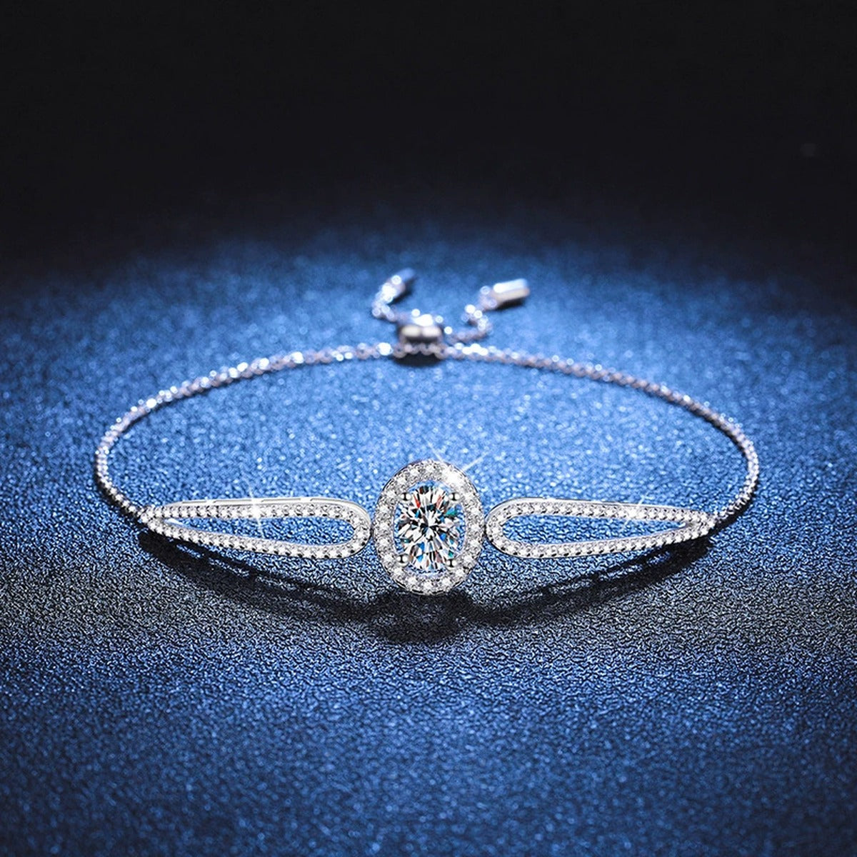 Round Moissanite Adjustable Bangle Bracelet with CZ close-up detail showing chain, clasp, and stone placement