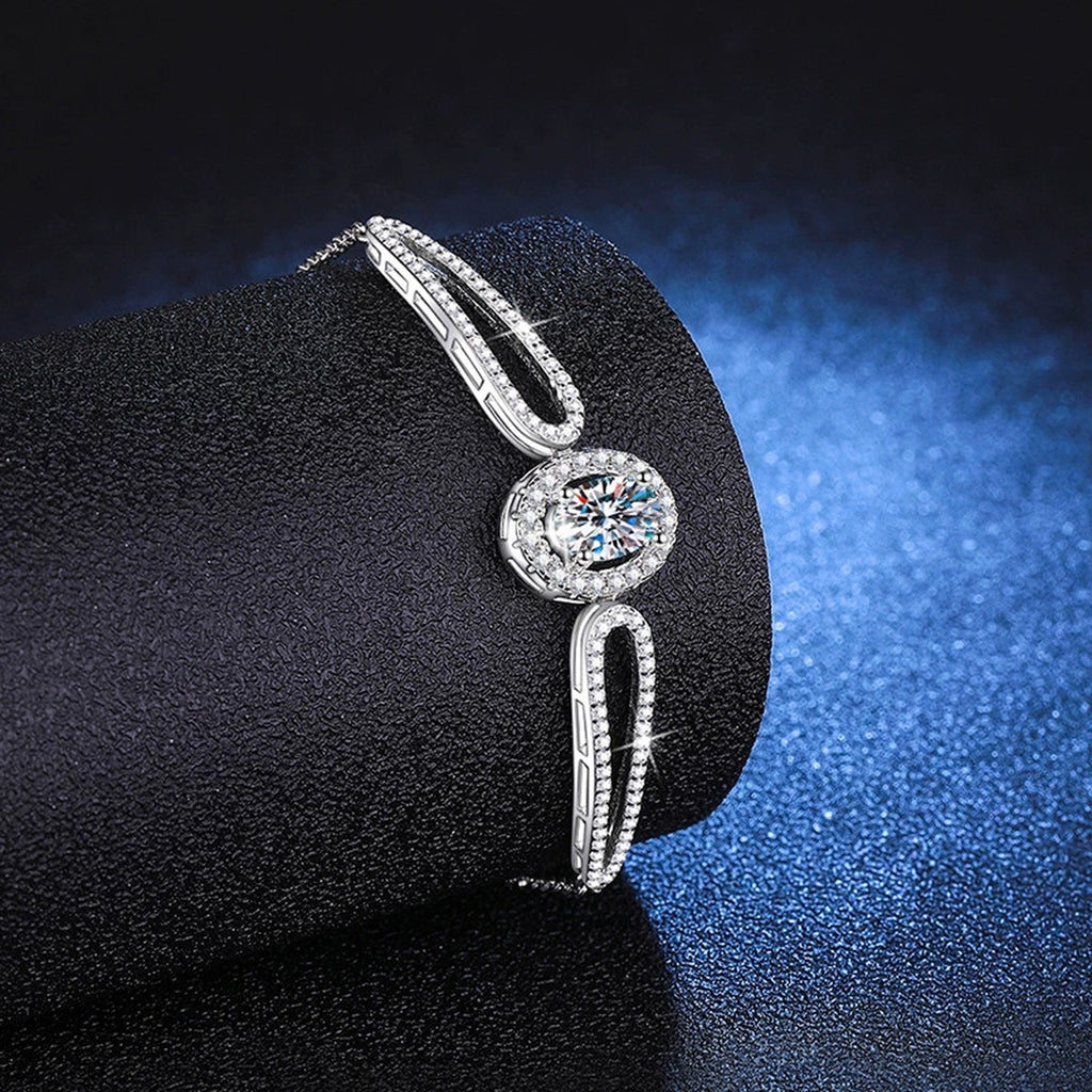 Round Moissanite Adjustable Bangle Bracelet with CZ close-up detail showing chain, clasp, and stone placement