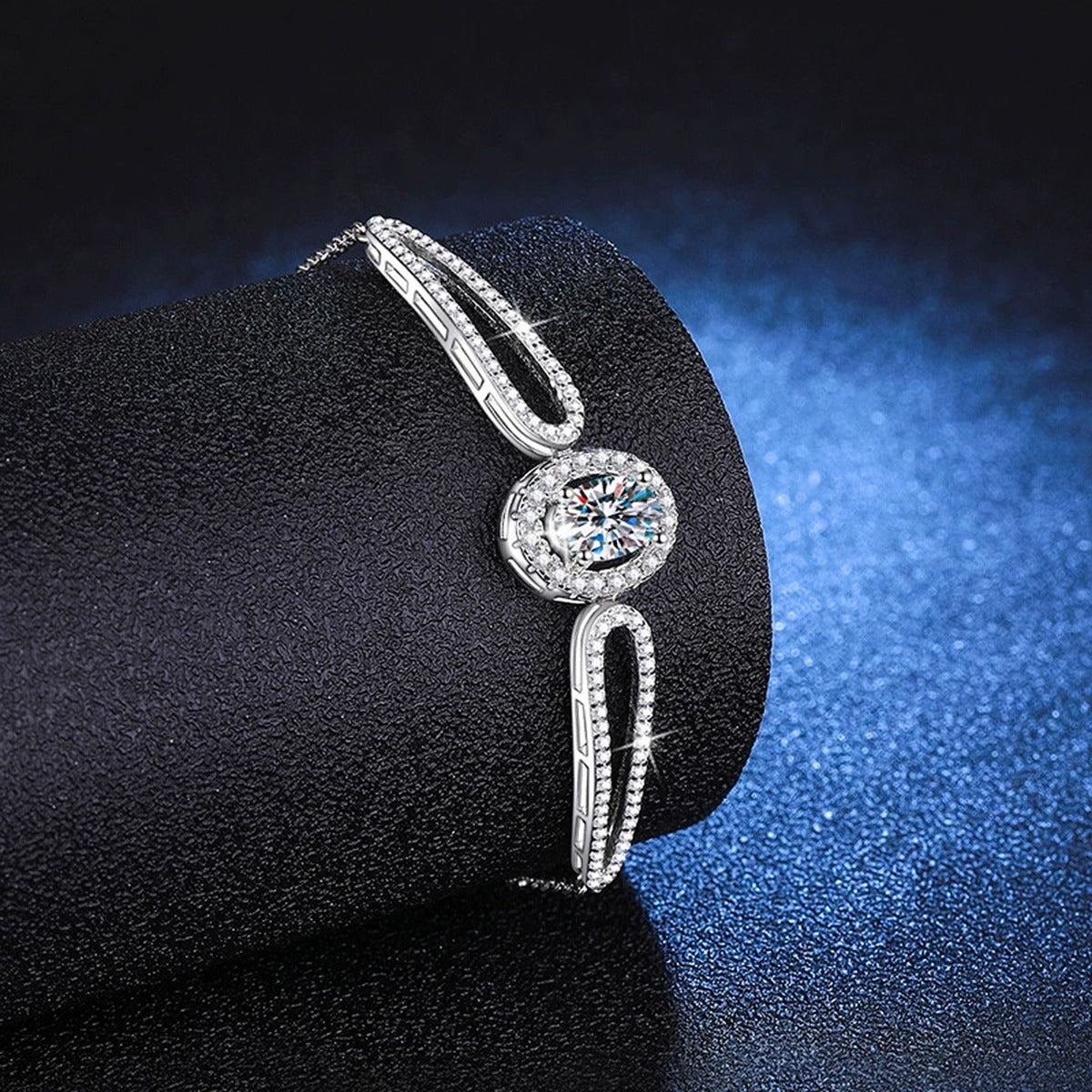 Round Moissanite Adjustable Bangle Bracelet with CZ close-up detail showing chain, clasp, and stone placement