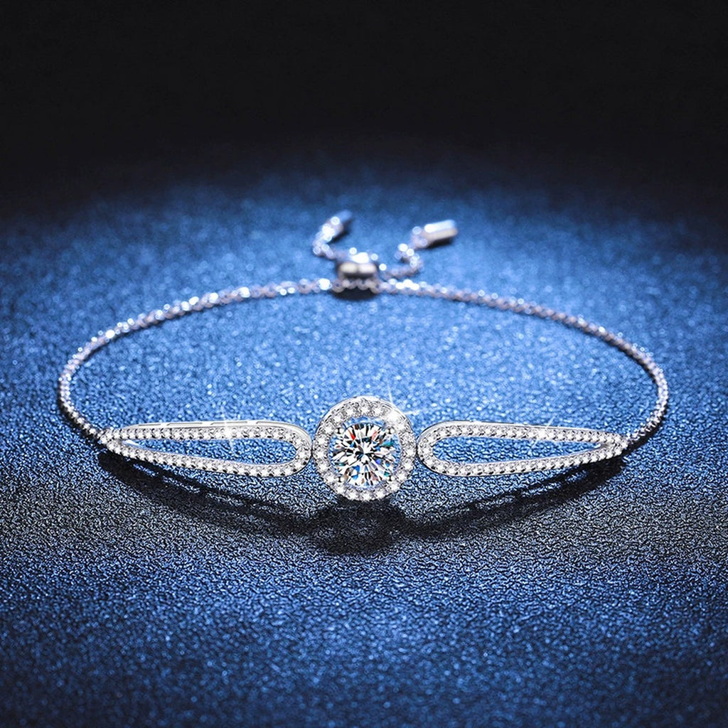 Round Halo Moissanite Adjustable Bangle Bracelet with CZ white background product photo showing bracelet silhouette and moissanite setting