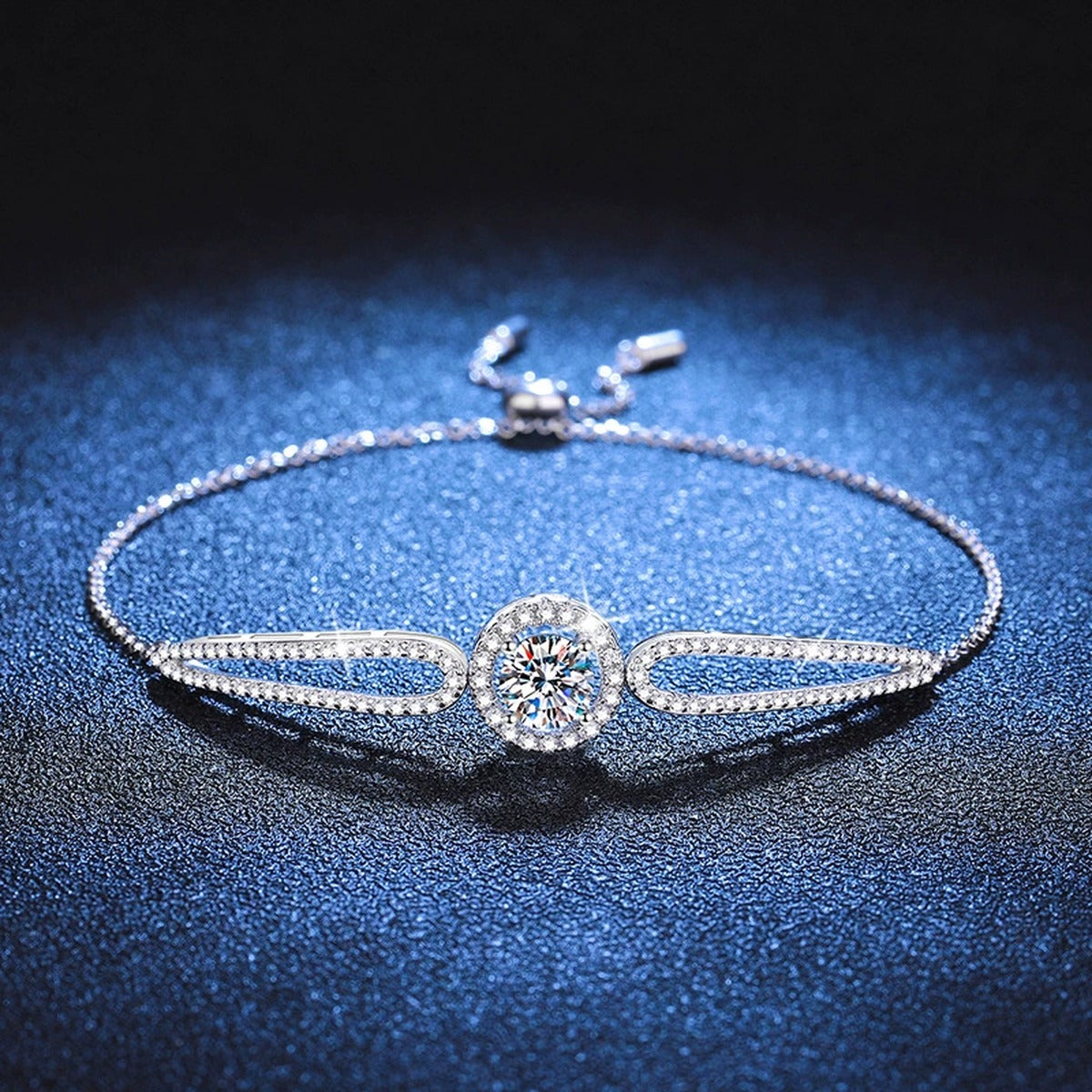 Round Halo Moissanite Adjustable Bangle Bracelet with CZ white background product photo showing bracelet silhouette and moissanite setting