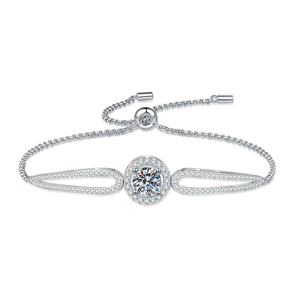 Round Halo Moissanite Adjustable Bangle Bracelet with CZ worn on wrist by model showing bracelet scale and fit
