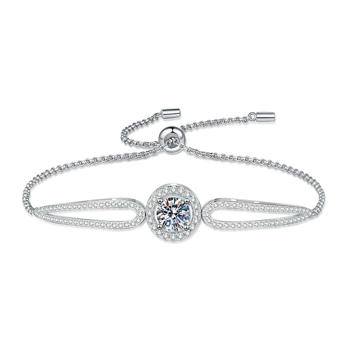 Round Halo Moissanite Adjustable Bangle Bracelet with CZ worn on wrist by model showing bracelet scale and fit