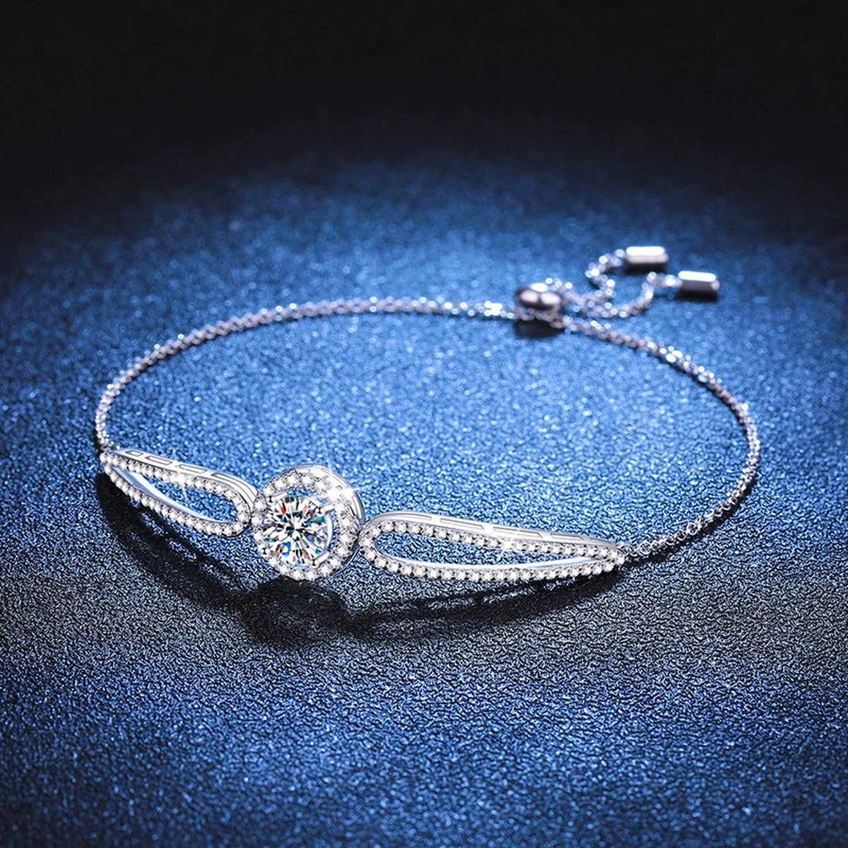 Round Halo Moissanite Adjustable Bangle Bracelet with CZ close-up detail showing chain, clasp, and stone placement