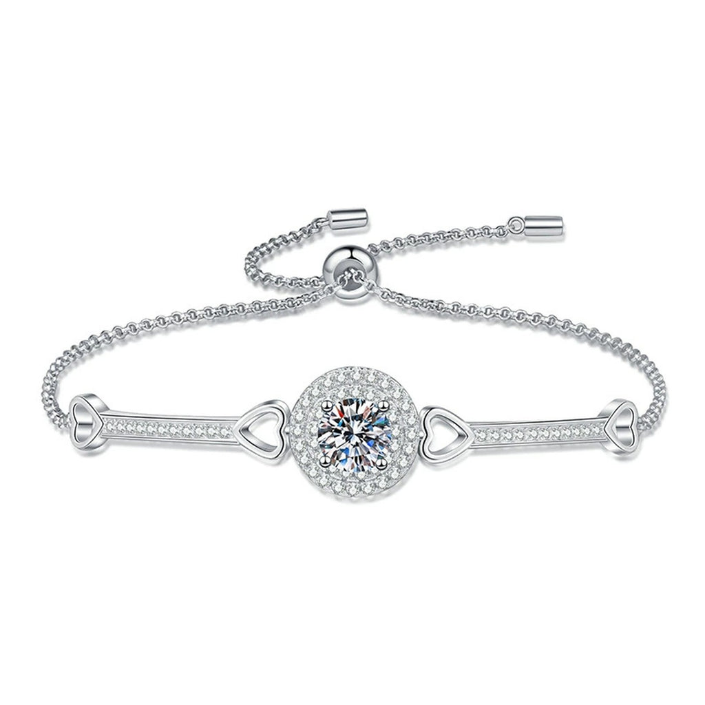 Round Halo Moissanite Adjustable Bangle Bracelet with CZ white background product photo showing bracelet silhouette and moissanite setting