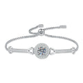 Round Halo Moissanite Adjustable Bangle Bracelet with CZ white background product photo showing bracelet silhouette and moissanite setting