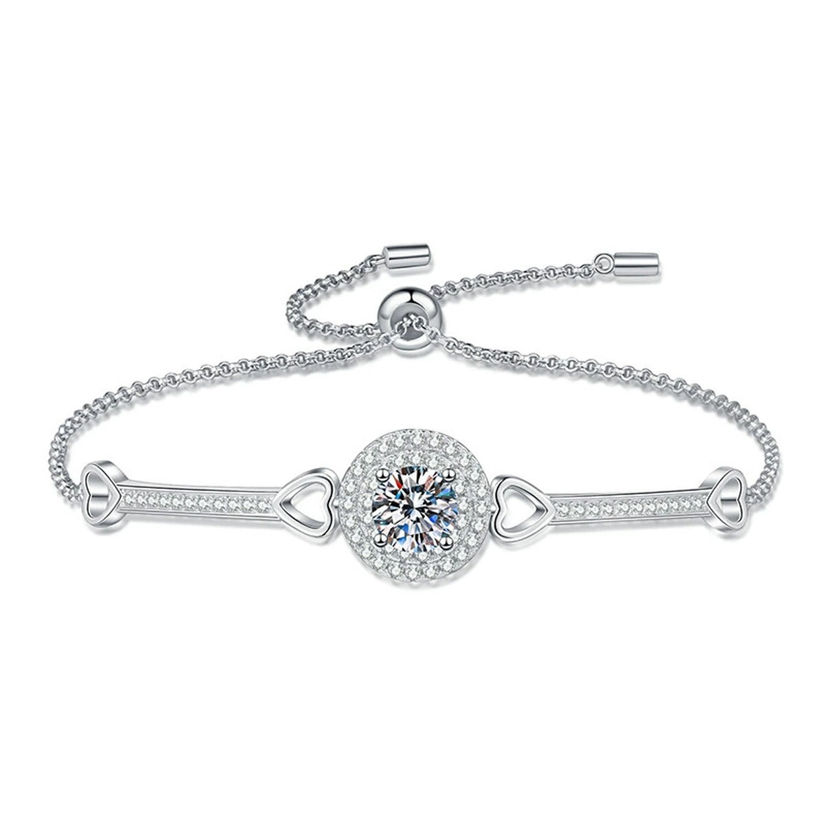 Round Halo Moissanite Adjustable Bangle Bracelet with CZ white background product photo showing bracelet silhouette and moissanite setting