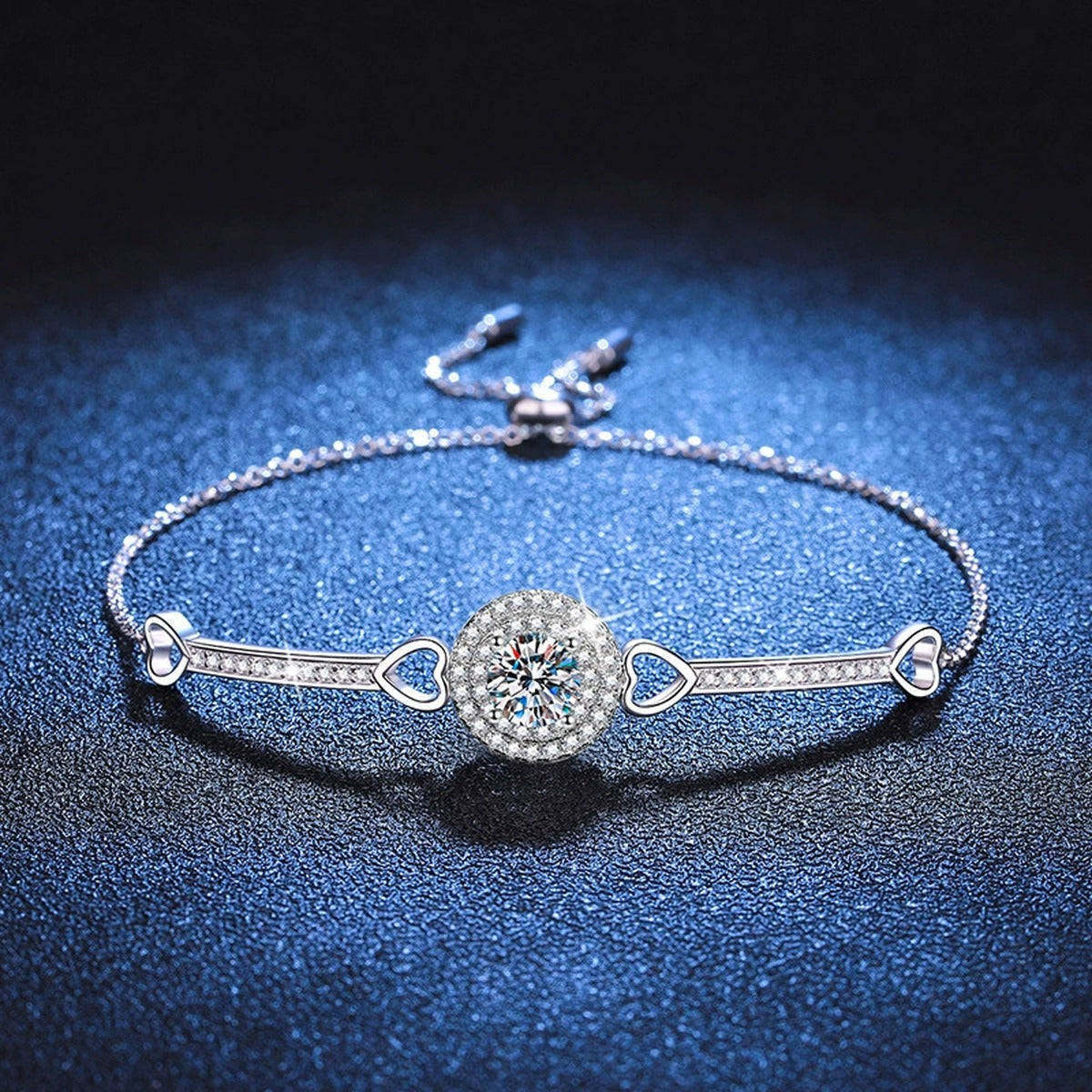 Round Halo Moissanite Adjustable Bangle Bracelet with CZ worn on wrist by model showing bracelet scale and fit