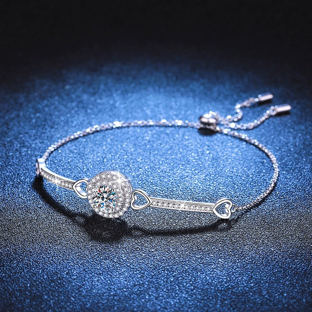 Round Halo Moissanite Adjustable Bangle Bracelet with CZ close-up detail showing chain, clasp, and stone placement