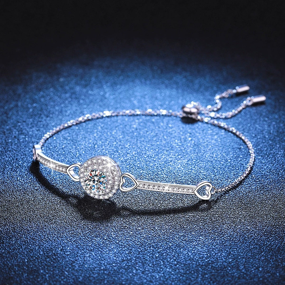 Round Halo Moissanite Adjustable Bangle Bracelet with CZ close-up detail showing chain, clasp, and stone placement