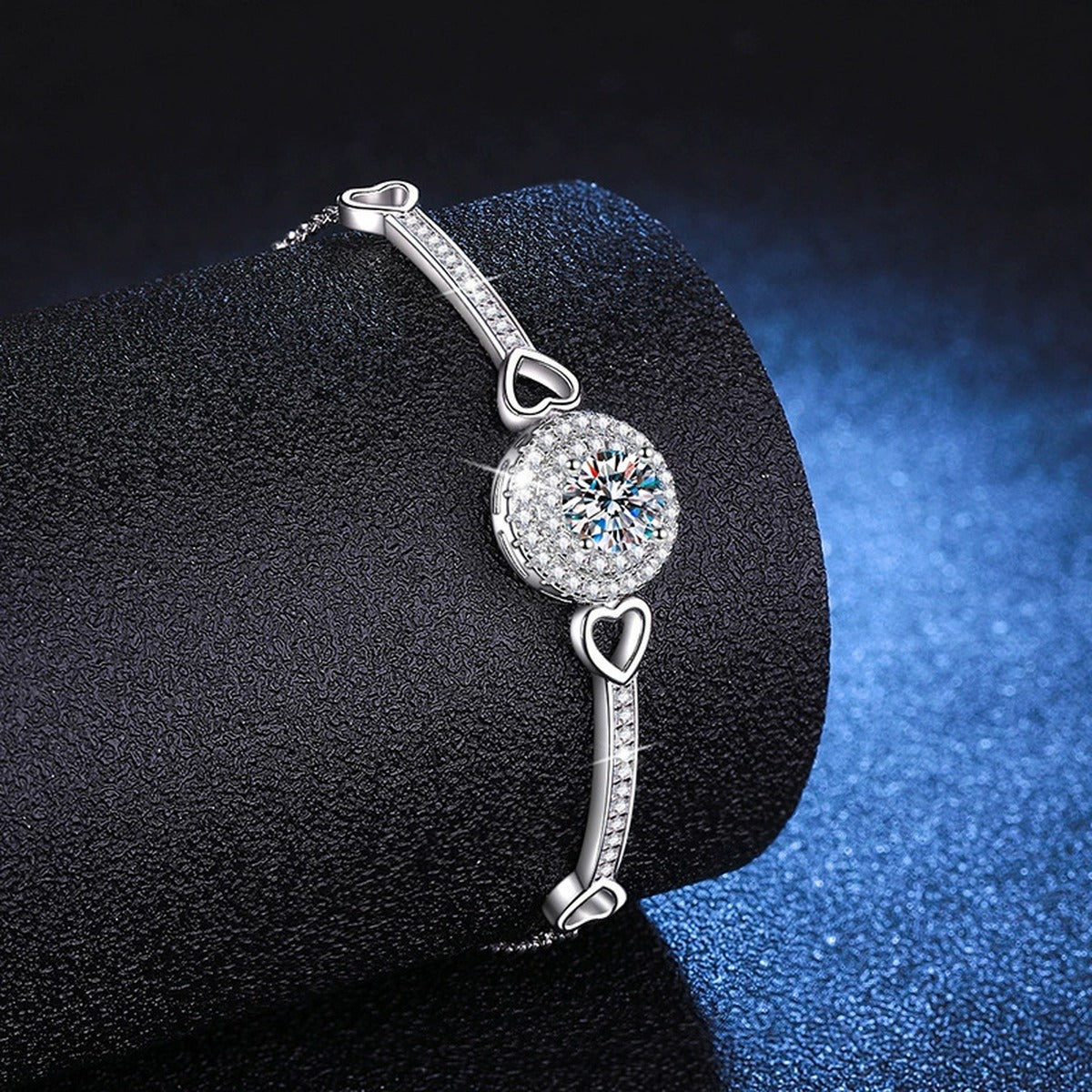 Round Halo Moissanite Adjustable Bangle Bracelet with CZ close-up detail showing chain, clasp, and stone placement