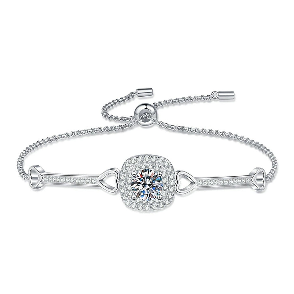 Round Moissanite Adjustable Bangle Bracelet with CZ white background product photo showing bracelet silhouette and moissanite setting