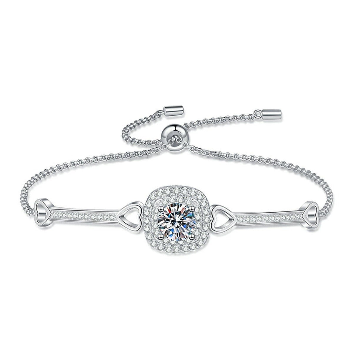 Round Moissanite Adjustable Bangle Bracelet with CZ white background product photo showing bracelet silhouette and moissanite setting