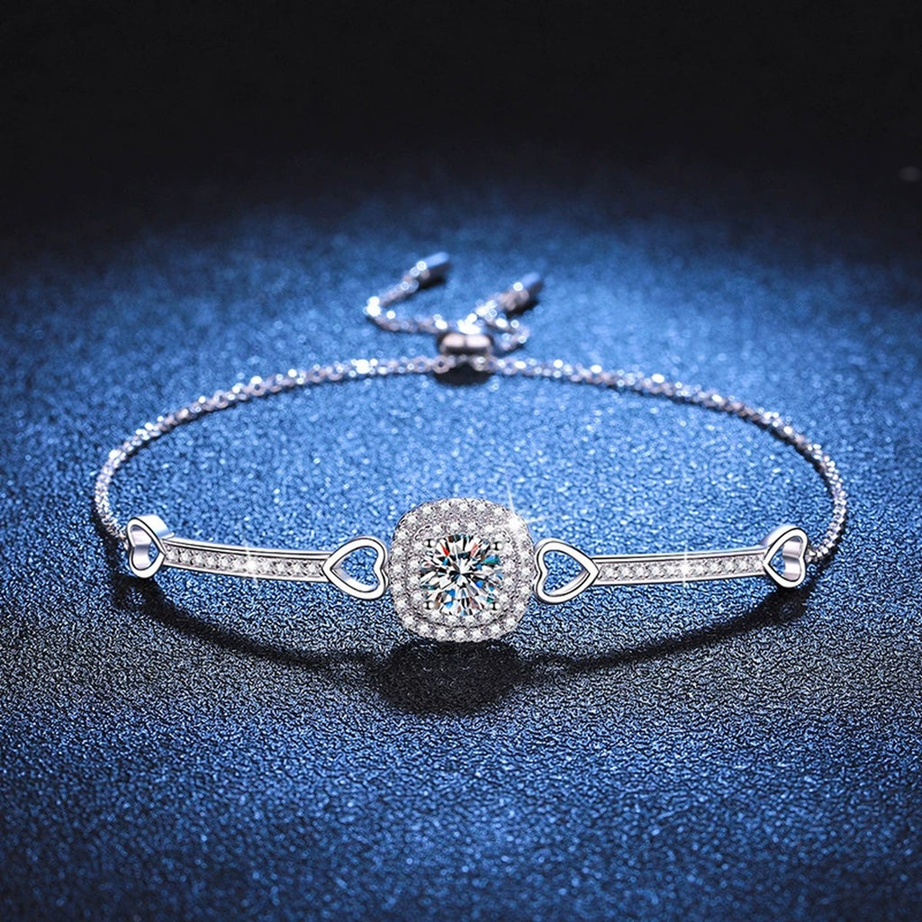 Round Moissanite Adjustable Bangle Bracelet with CZ close-up detail showing chain, clasp, and stone placement
