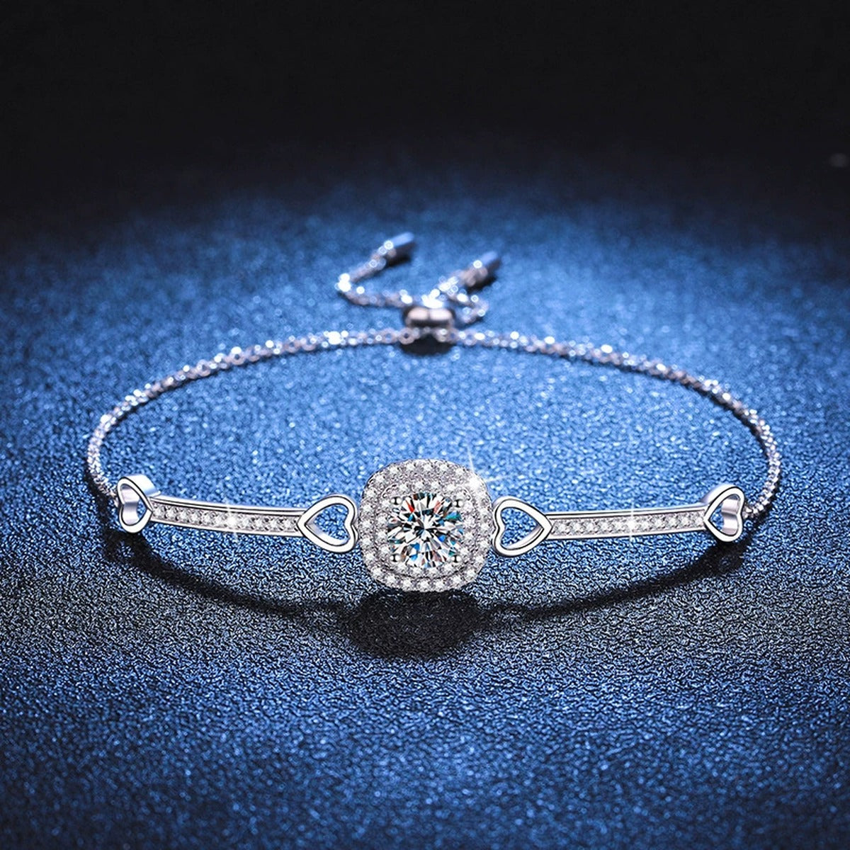 Round Moissanite Adjustable Bangle Bracelet with CZ close-up detail showing chain, clasp, and stone placement