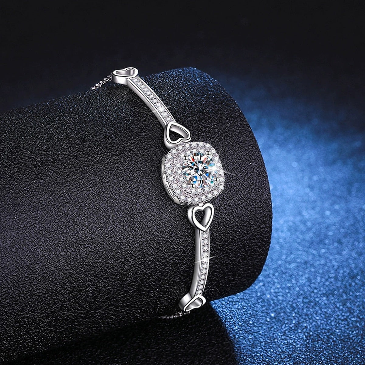 Round Moissanite Adjustable Bangle Bracelet with CZ close-up detail showing chain, clasp, and stone placement