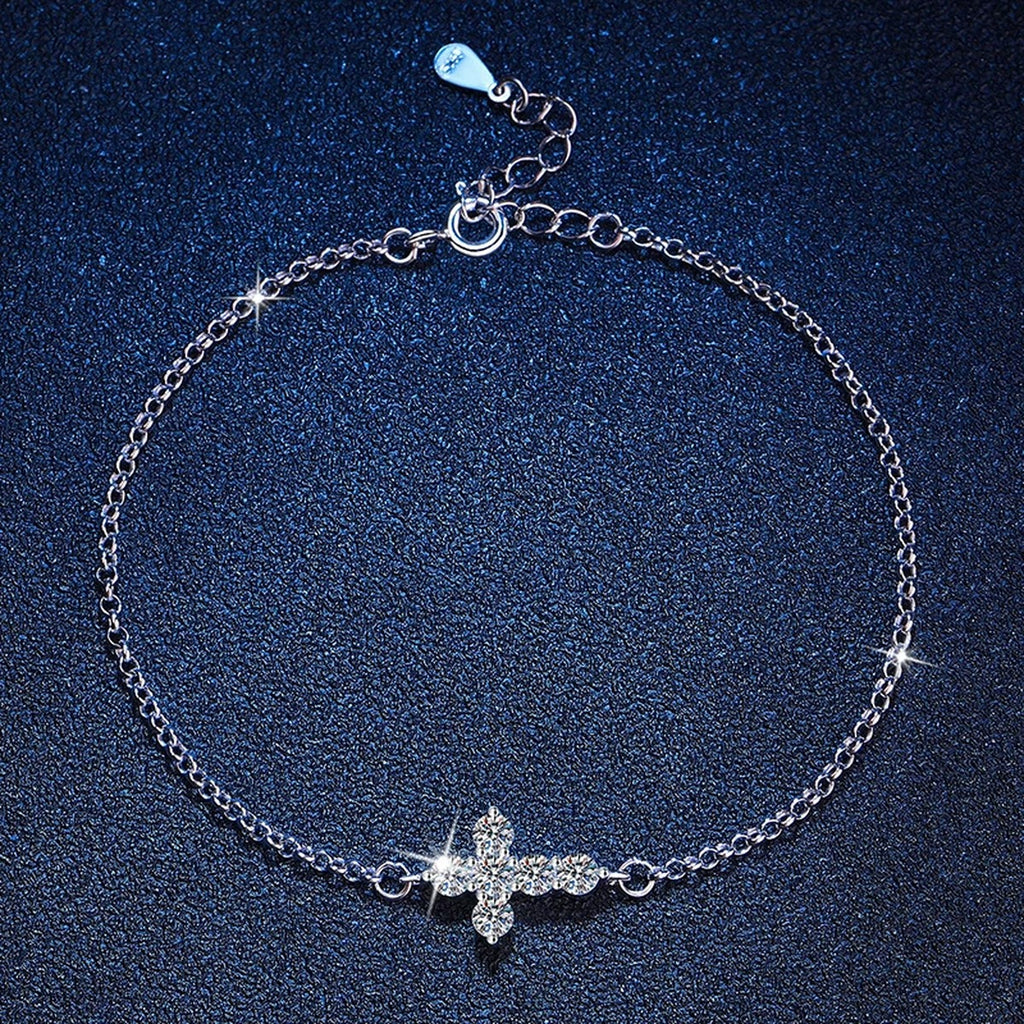 Cross Moissanite Chain Bracelet worn on wrist by model showing bracelet scale and fit
