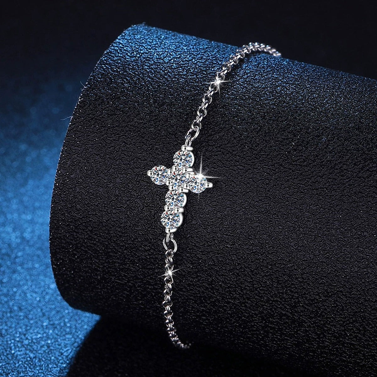Cross Moissanite Chain Bracelet close-up detail showing chain, clasp, and stone placement