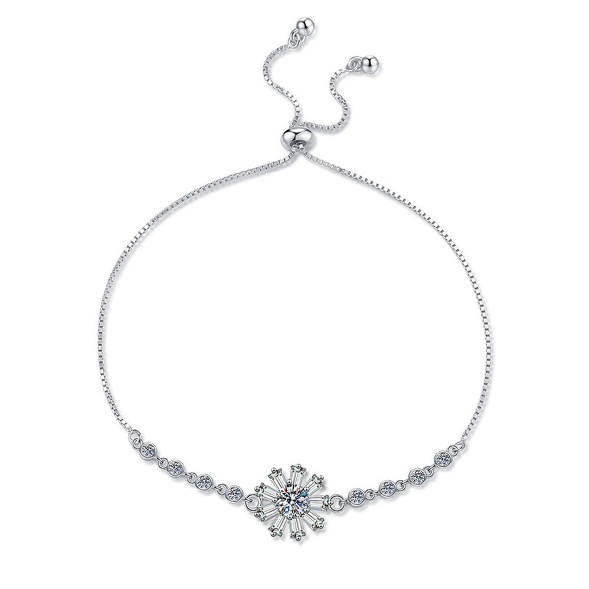 Floral Moissanite Chain Bracelet with CZ white background product photo showing bracelet silhouette and moissanite setting