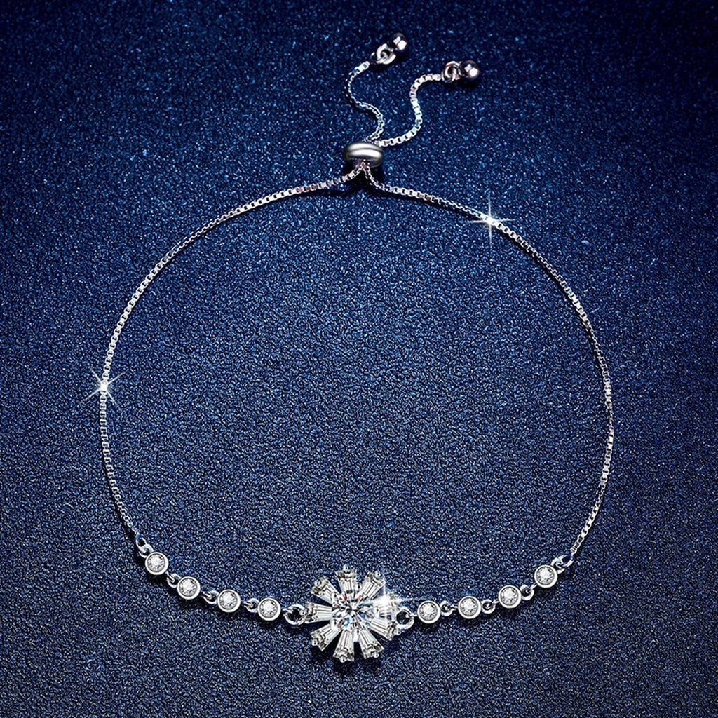 Floral Moissanite Chain Bracelet with CZ worn on wrist by model showing bracelet scale and fit