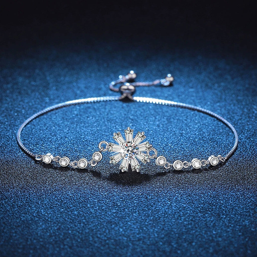 Floral Moissanite Chain Bracelet with CZ styled on blue display background showing moissanite sparkle