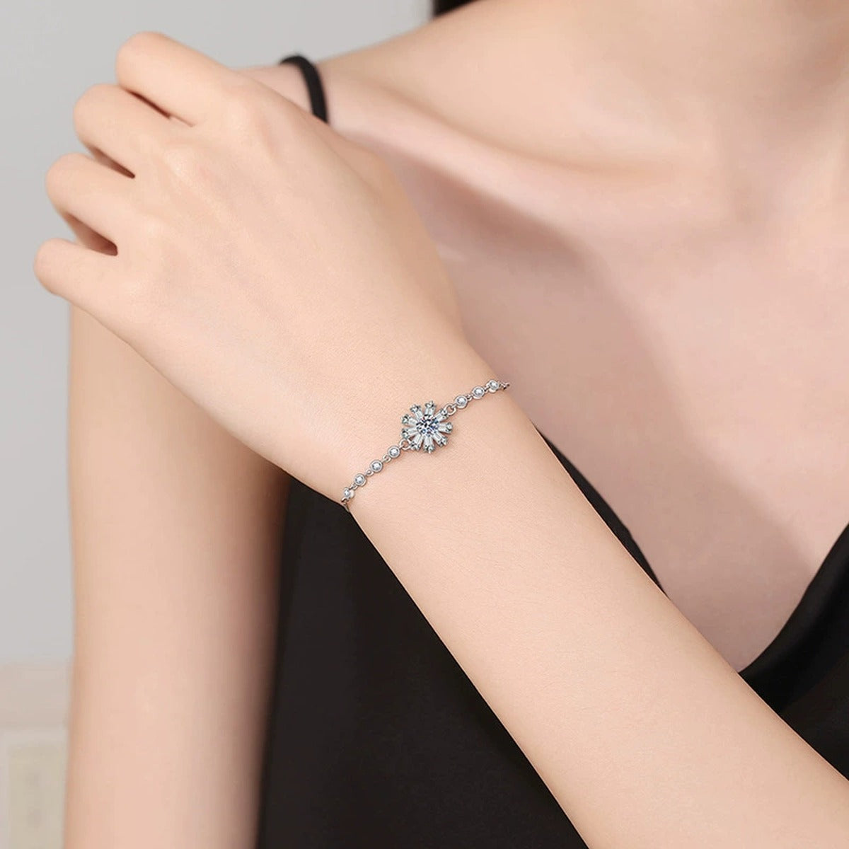 Floral Moissanite Chain Bracelet with CZ close-up detail showing chain, clasp, and stone placement