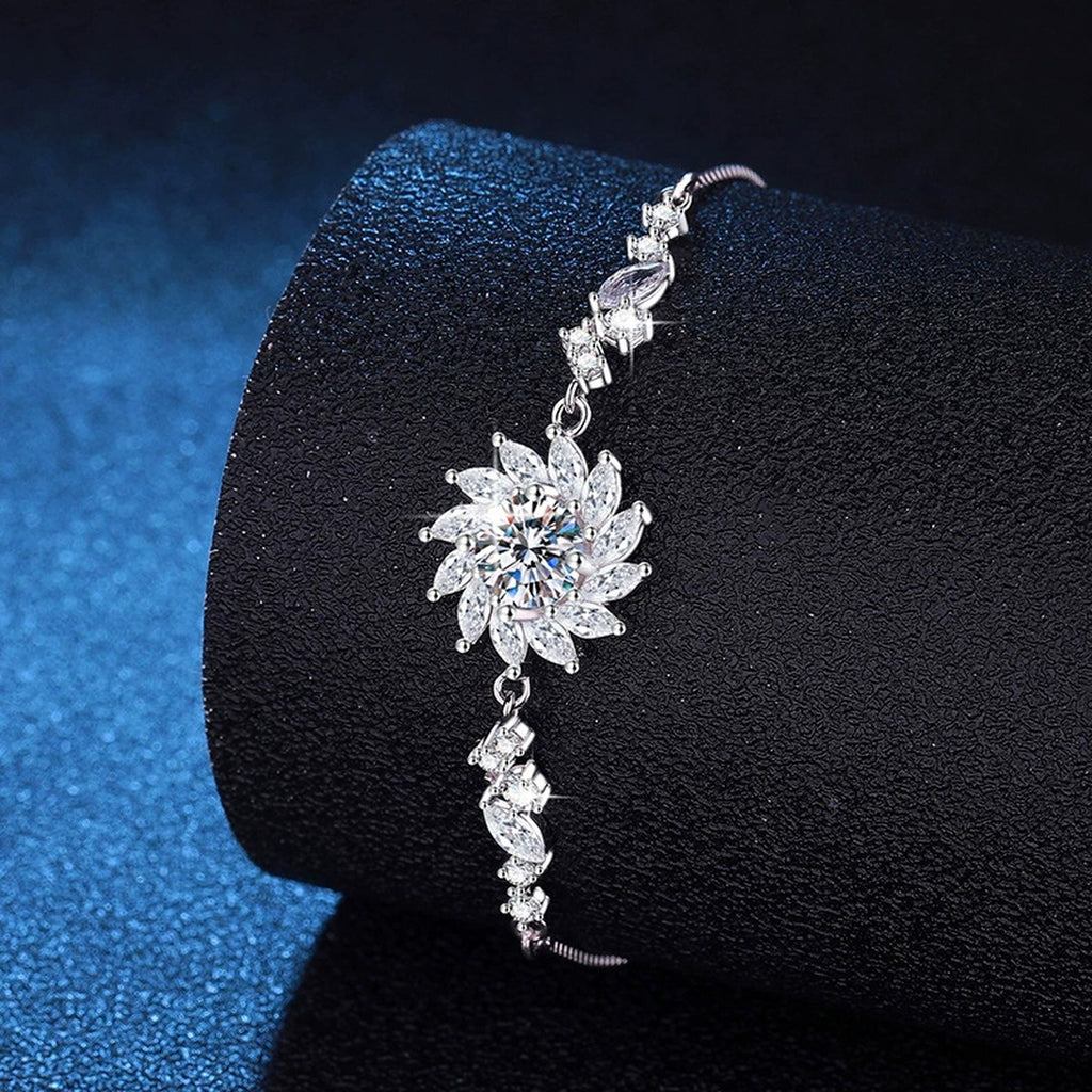 Starburst Moissanite Chain Bracelet with CZ worn on wrist by model showing bracelet scale and fit