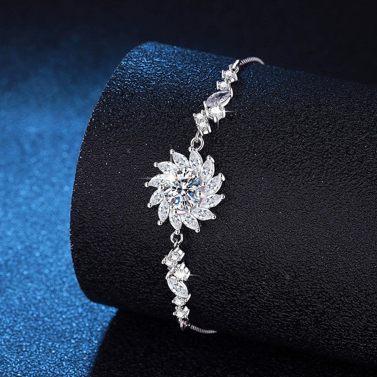 Starburst Moissanite Chain Bracelet with CZ worn on wrist by model showing bracelet scale and fit