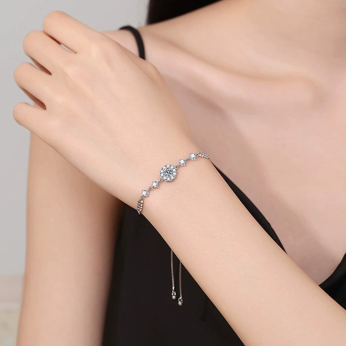 Clover Moissanite Chain Bracelet with CZ white background product photo showing bracelet silhouette and moissanite setting