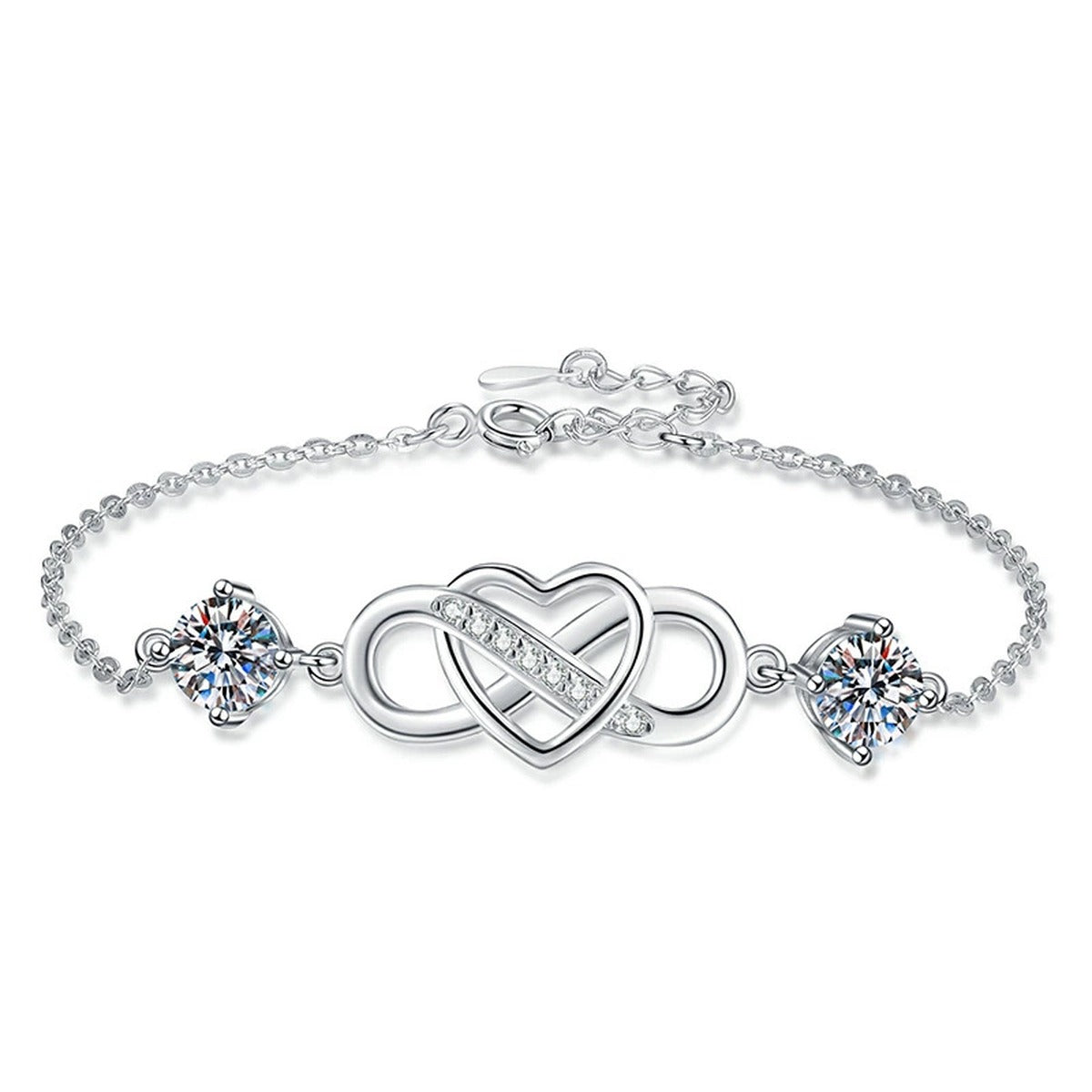 Infinity Heart Moissanite Chain Bracelet with CZ worn on wrist by model showing bracelet scale and fit