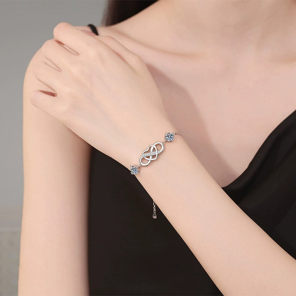 Infinity Heart Moissanite Chain Bracelet with CZ close-up detail showing chain, clasp, and stone placement