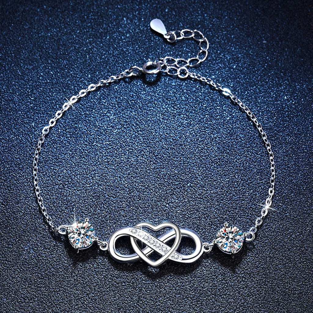 Infinity Heart Moissanite Chain Bracelet with CZ close-up detail showing chain, clasp, and stone placement