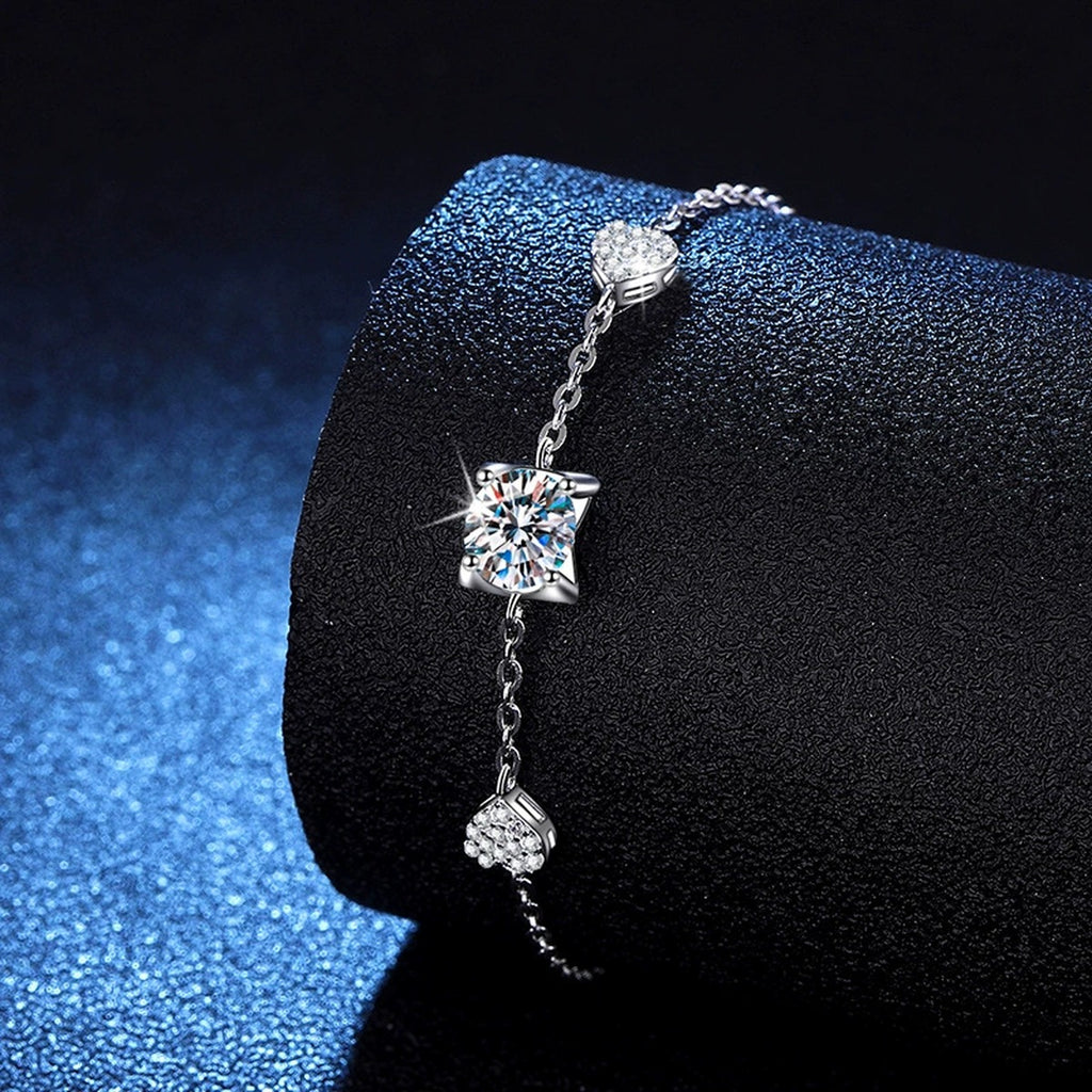 Floral Moissanite Chain Bracelet with CZ white background product photo showing bracelet silhouette and moissanite setting
