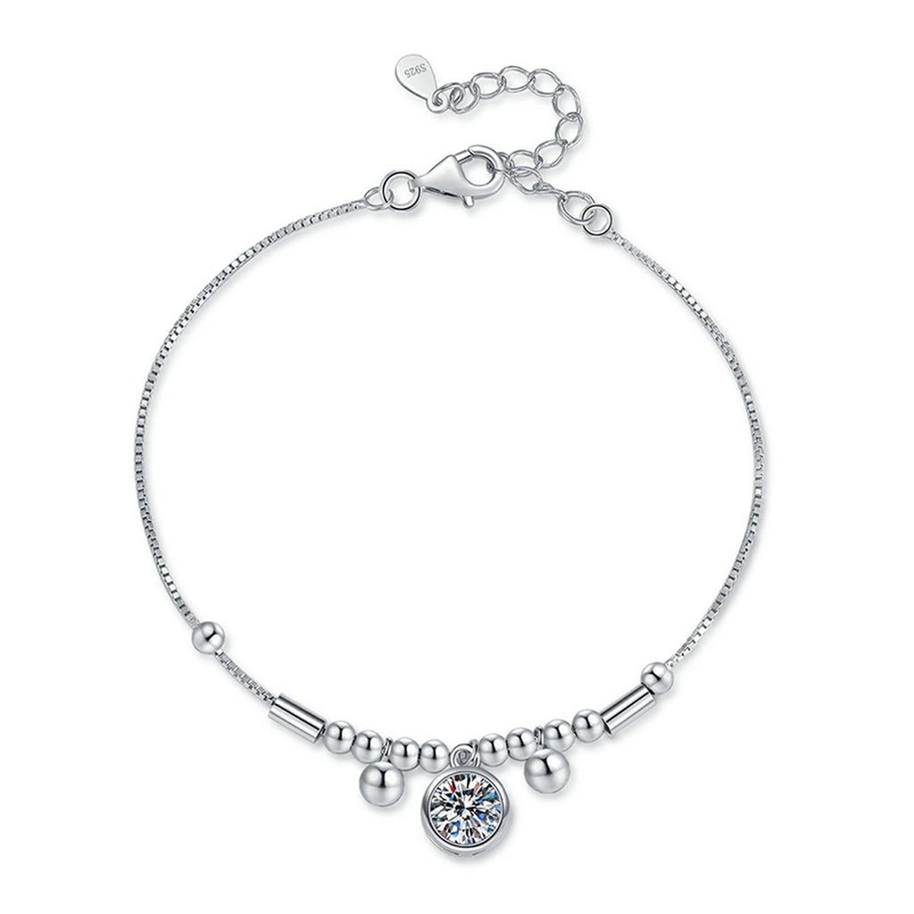Round Moissanite Charm Bracelet white background product photo showing bracelet silhouette and moissanite setting