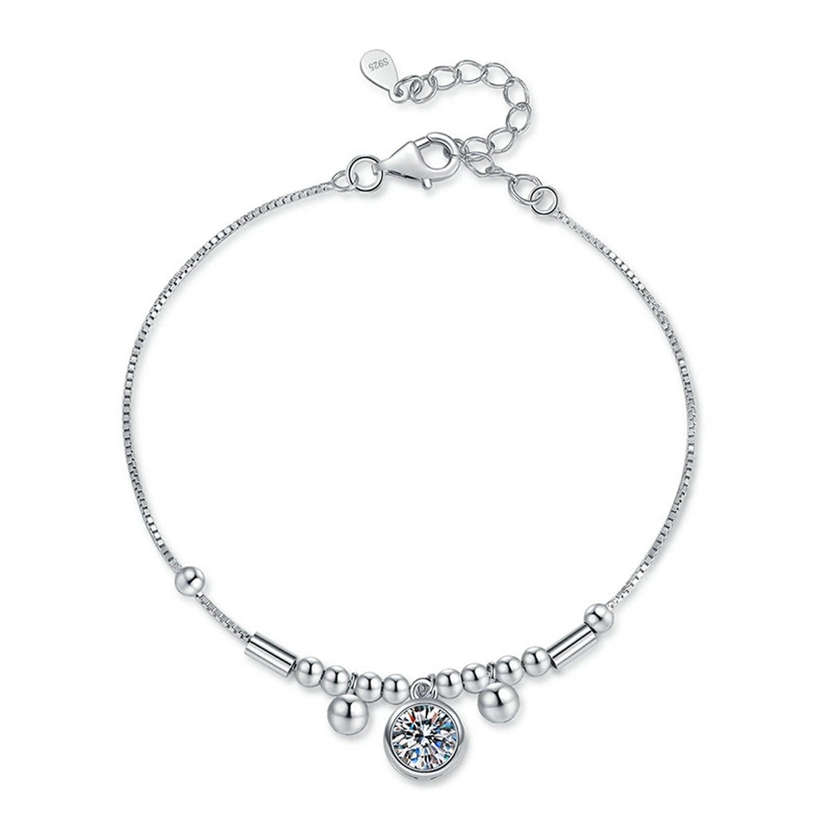 Round Moissanite Charm Bracelet white background product photo showing bracelet silhouette and moissanite setting