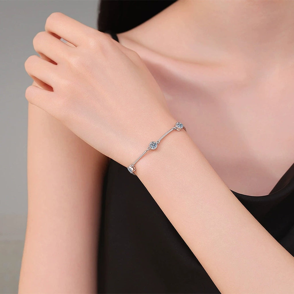 Bar Moissanite Chain Bracelet styled on blue display background showing moissanite sparkle
