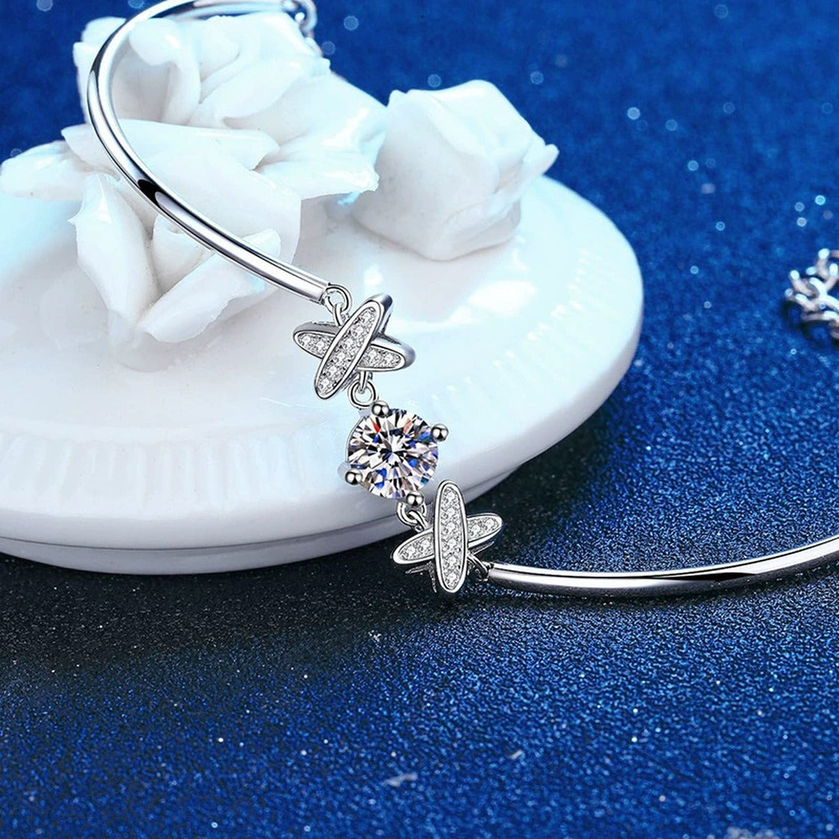 Star Moissanite Chain Bracelet with CZ white background product photo showing bracelet silhouette and moissanite setting