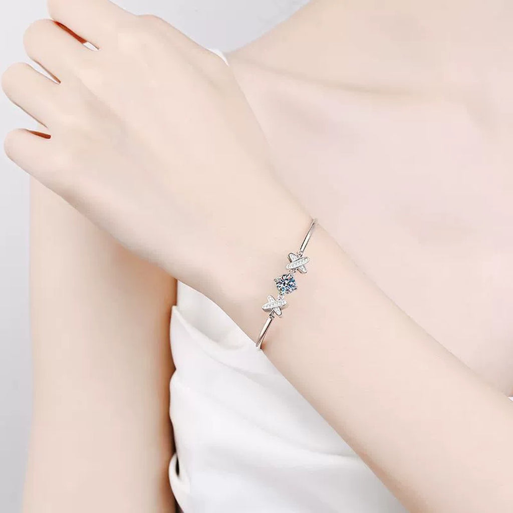 Star Moissanite Chain Bracelet with CZ worn on wrist by model showing bracelet scale and fit