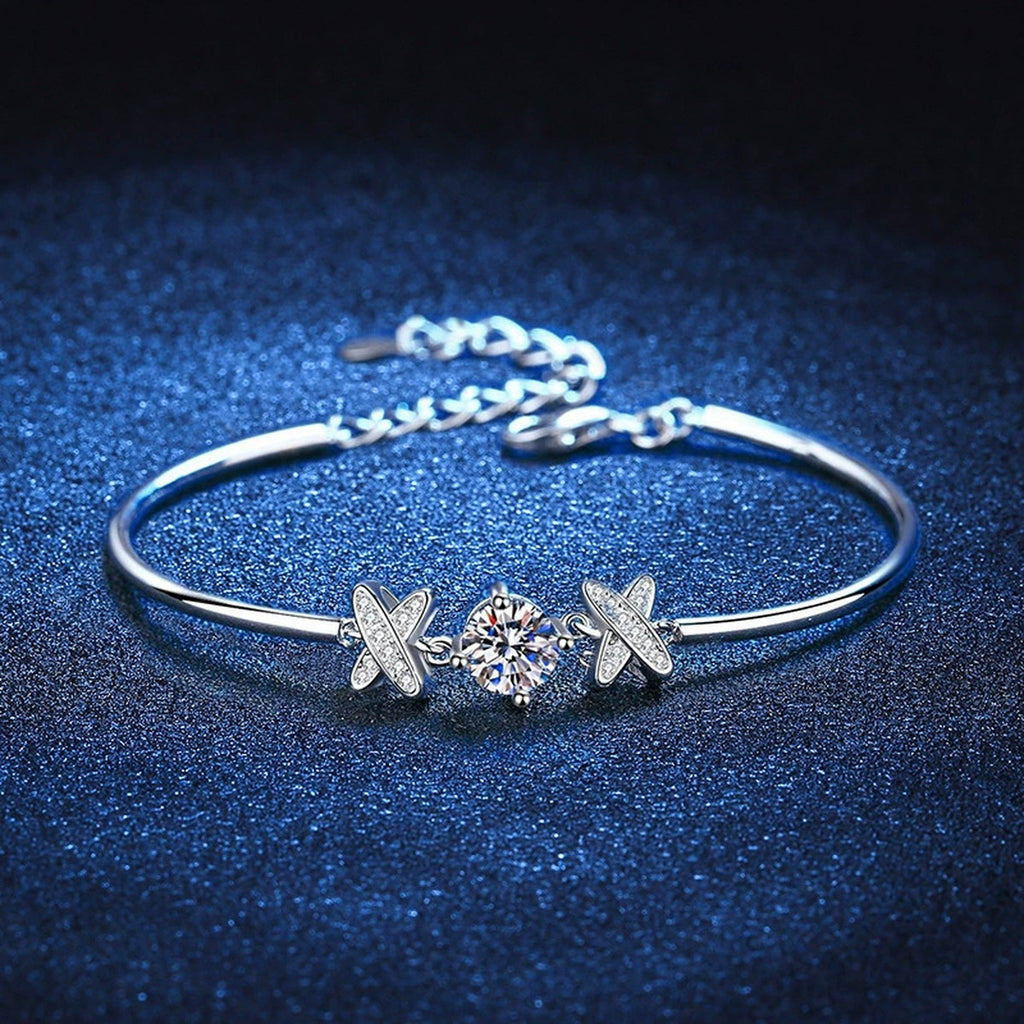 Star Moissanite Chain Bracelet with CZ styled on blue display background showing moissanite sparkle