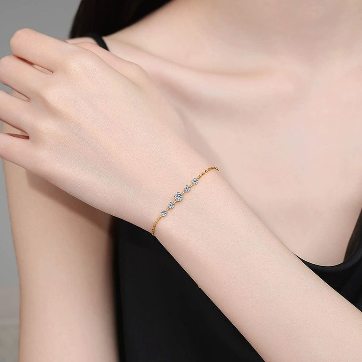 Moissanite Beaded Chain Bracelet worn on wrist by model showing bracelet scale and fit